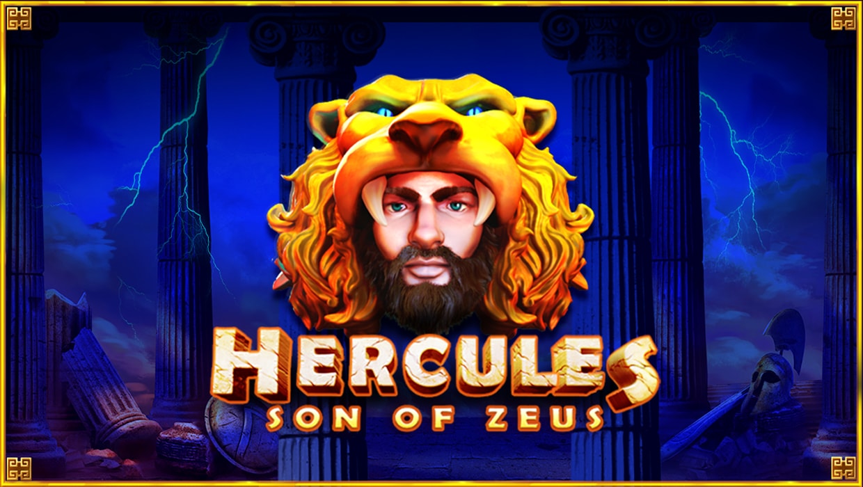 Hercules Son of Zeus Slot with symbols like Hercules, Zeus, and mythical creatures, set against an ancient Greek temple background.