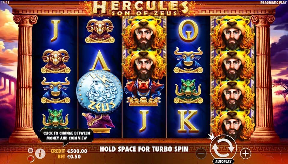 Hercules Son of Zeus Slot featuring heroic symbols like Hercules and Zeus set against an ancient Greek temple backdrop.