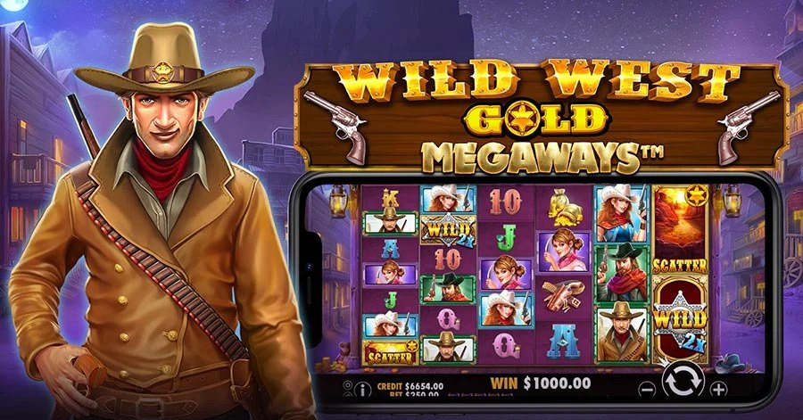 Wild West Gold Slot reels featuring cowboys, gold, and sheriff badges under a blazing sunset