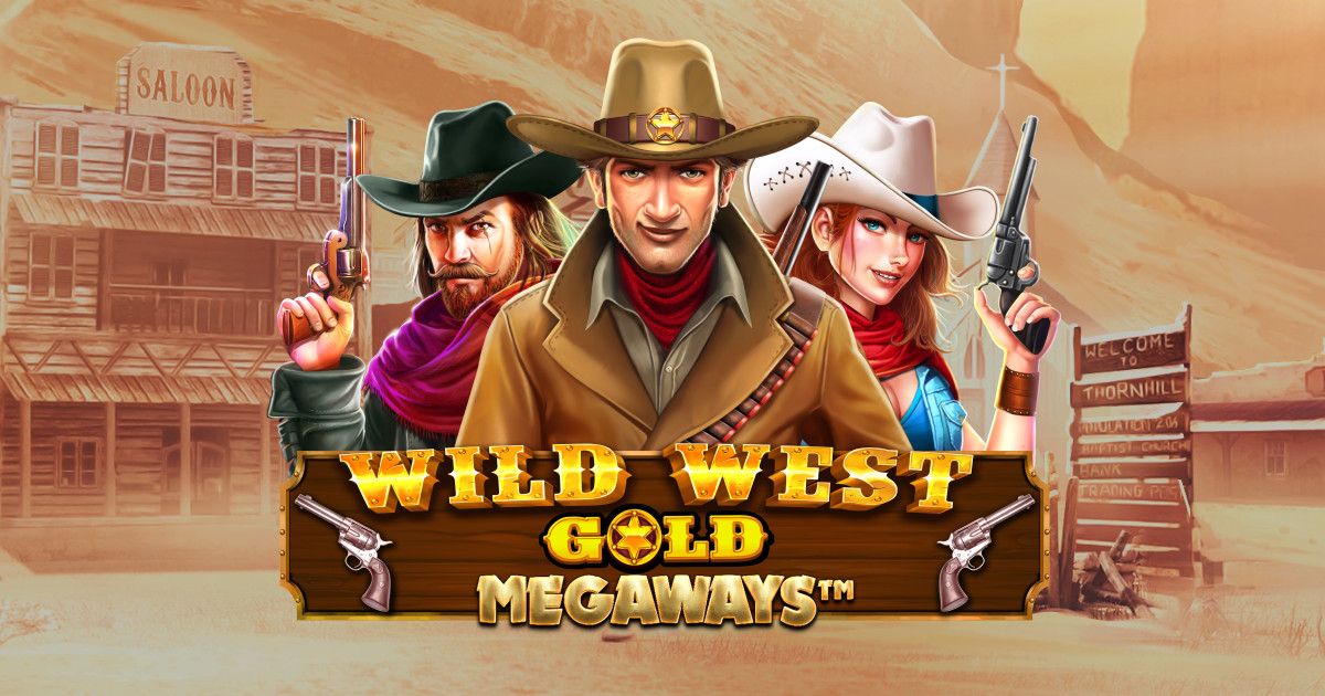 Wild West Gold Slot reels featuring cowboys, gold, and sheriff badges under a blazing sunset