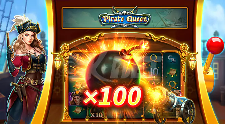 Slot Pirate Queen by JILI featuring Pirate Queen Wild symbol and pirate-themed symbols like treasure chests and ships on the reels.